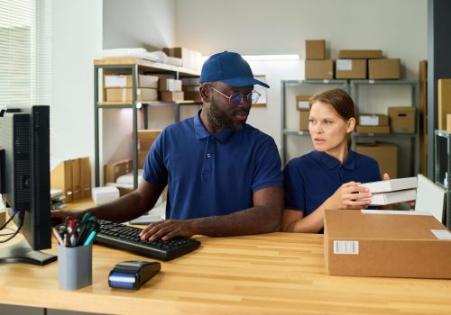 Black middle aged man working at computer while Caucasian young adult woman holding package, both collaborating in warehouse or shipping office surrounded by cardboard boxes and shelves