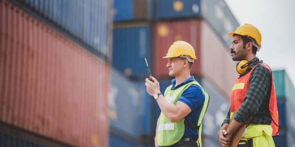 worker teamwork and partner of foreman, engineer, and businessman working in an international shipping area, concept of business industrial and working in container yard