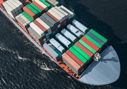 High angle view of container ship in the sea