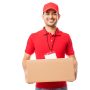 Portrait of smiling male carrying delivery package on white background